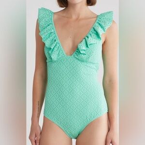Betsy Johnson Ruffle Swimsuit. Biscay Green. Size Medium. NWT